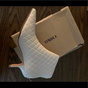 Never worn: Chiko Boots: tan, quilted, 1/4 heal, size 7.5, narrow, back zipper